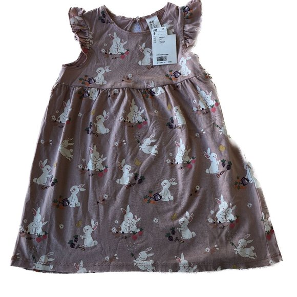 H&M Other - H & M Girls Dress Dusty Rose Pink/White Bunnies Flutter Cap Sleeves Size 2T